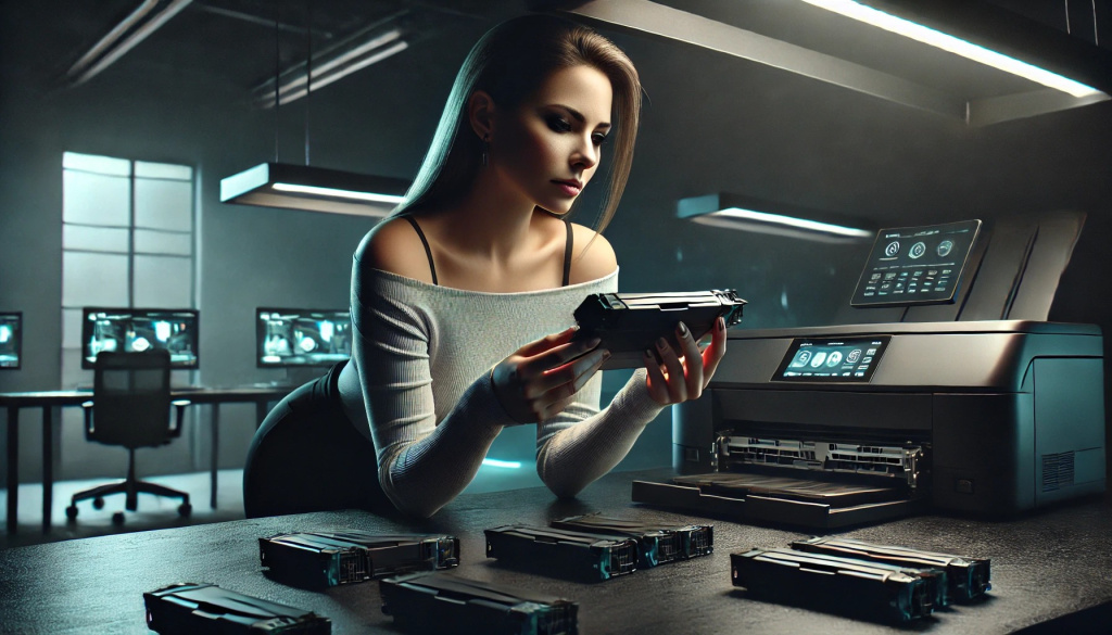DALL·E 2025-02-25 20.57.17 - An ultra-realistic, dark-themed photo of a modern office setting. A white woman is holding laser printer cartridges in her hands, looking at them thou.jpg